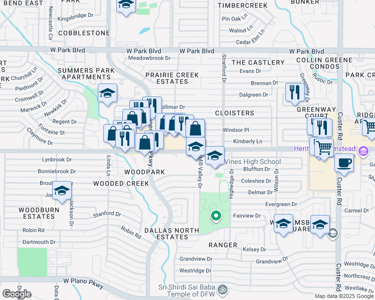 map of restaurants, bars, coffee shops, grocery stores, and more near 2723 West 15th Street in Plano