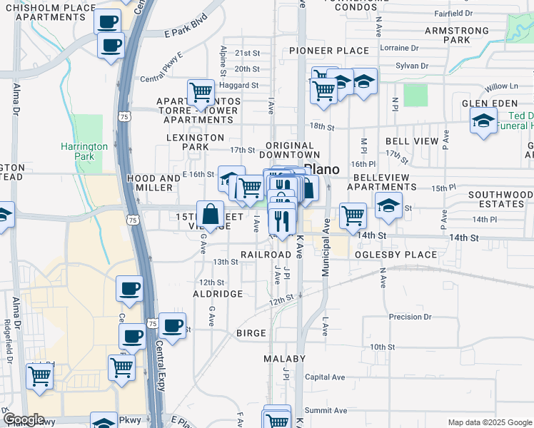 map of restaurants, bars, coffee shops, grocery stores, and more near 916 East 15th Street in Plano