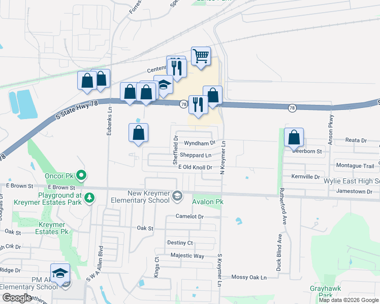 map of restaurants, bars, coffee shops, grocery stores, and more near 1207 Sheppard Lane in Wylie