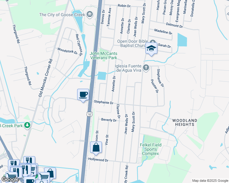 map of restaurants, bars, coffee shops, grocery stores, and more near 312 Annette Drive in Goose Creek