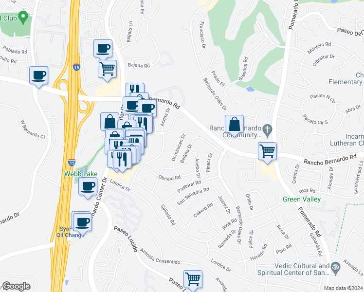 map of restaurants, bars, coffee shops, grocery stores, and more near 16921 Dominican Drive in San Diego