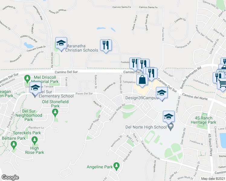 map of restaurants, bars, coffee shops, grocery stores, and more near 16750 Coyote Bush Drive in San Diego