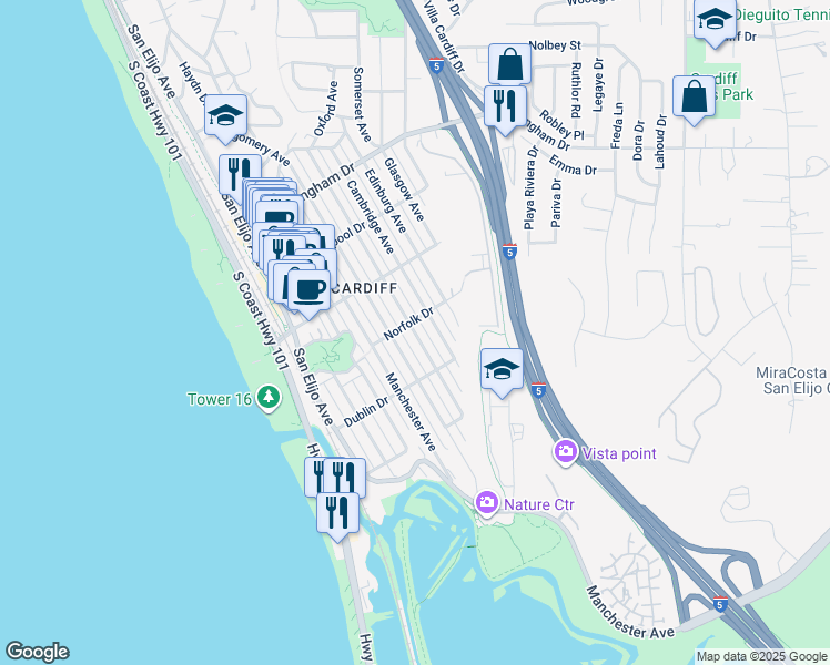 map of restaurants, bars, coffee shops, grocery stores, and more near 312 Norfolk Drive in Encinitas
