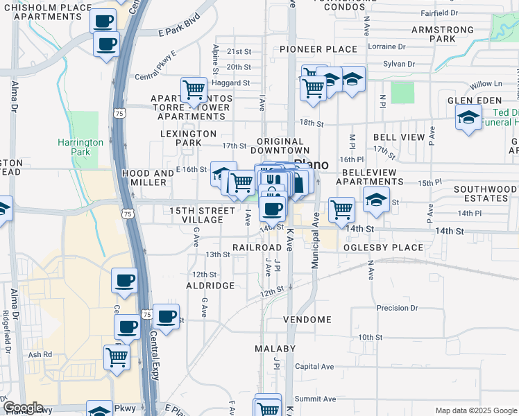map of restaurants, bars, coffee shops, grocery stores, and more near in Plano