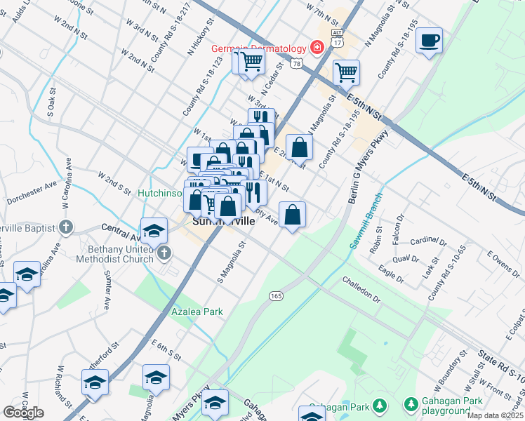map of restaurants, bars, coffee shops, grocery stores, and more near 116 County Road S-18-208 in Summerville