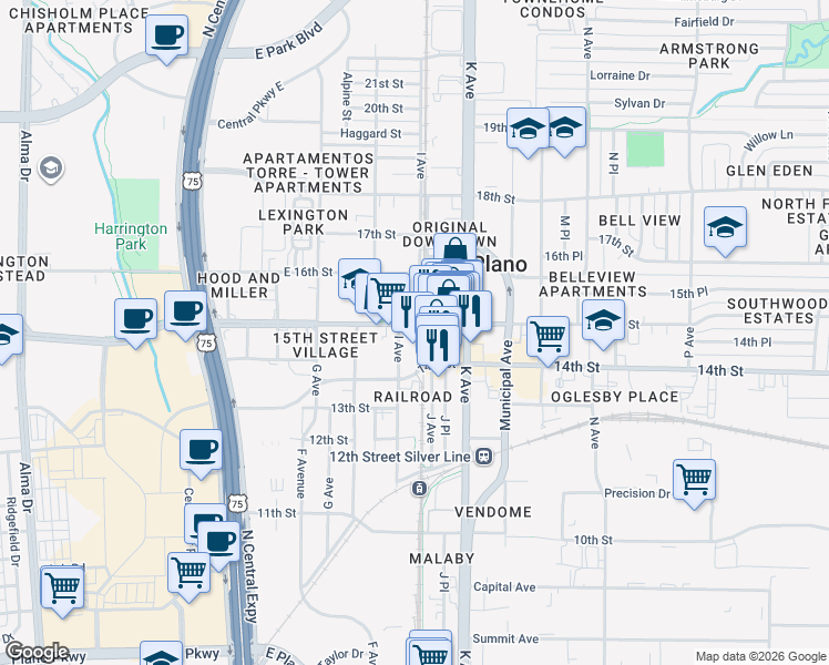 map of restaurants, bars, coffee shops, grocery stores, and more near 930 East 15th Street in Plano