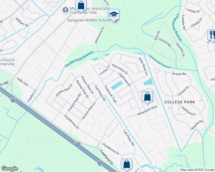 map of restaurants, bars, coffee shops, grocery stores, and more near 1054 Friartuck Trail in Ladson