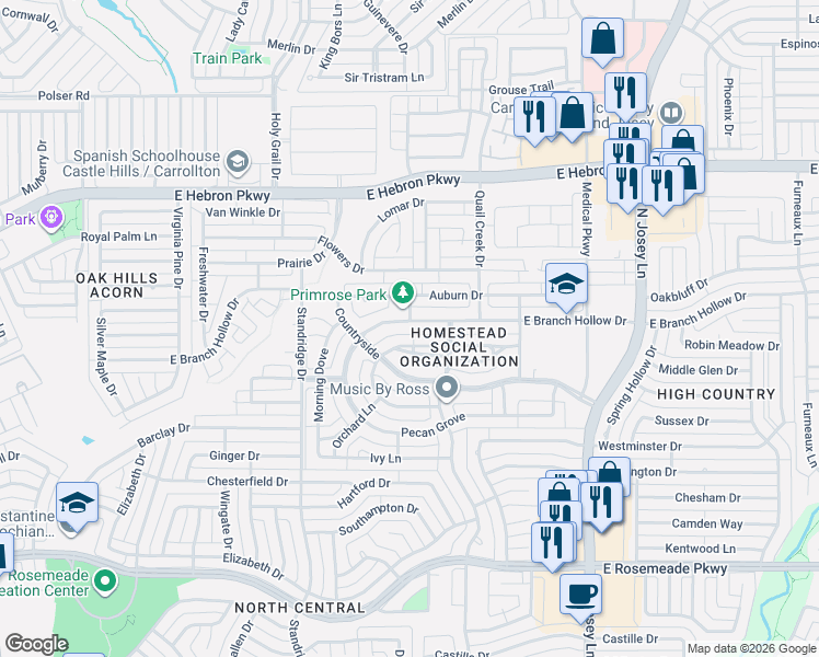 map of restaurants, bars, coffee shops, grocery stores, and more near 1722 E Branch Hollow Dr in Carrollton