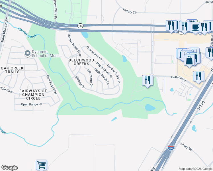 map of restaurants, bars, coffee shops, grocery stores, and more near 2952 Cedar Ridge Lane in Fort Worth