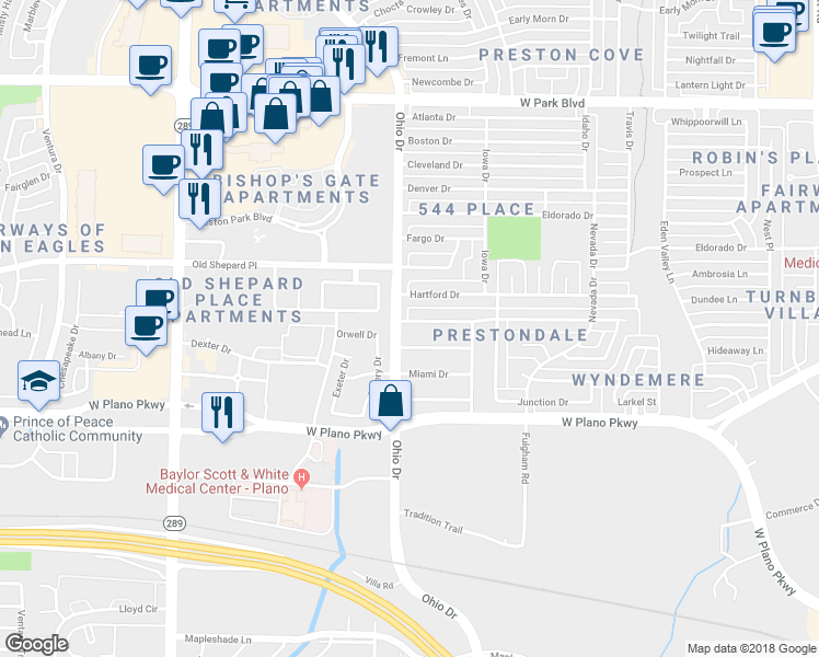 map of restaurants, bars, coffee shops, grocery stores, and more near 4544 Jenning Drive in Plano