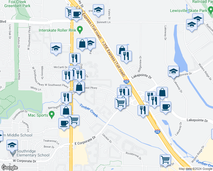 map of restaurants, bars, coffee shops, grocery stores, and more near 247 East Southwest Parkway in Lewisville