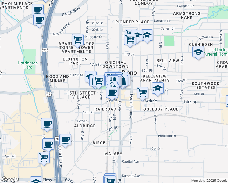 map of restaurants, bars, coffee shops, grocery stores, and more near in Plano
