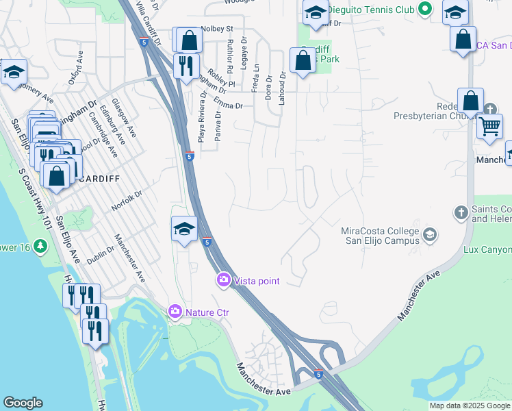map of restaurants, bars, coffee shops, grocery stores, and more near 1110 Sea Village Drive in Encinitas