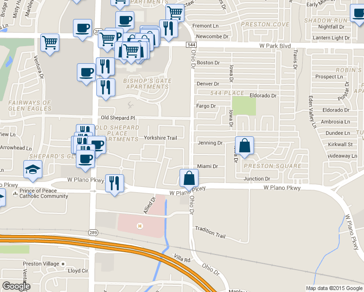 map of restaurants, bars, coffee shops, grocery stores, and more near 4609 Orwell Drive in Plano
