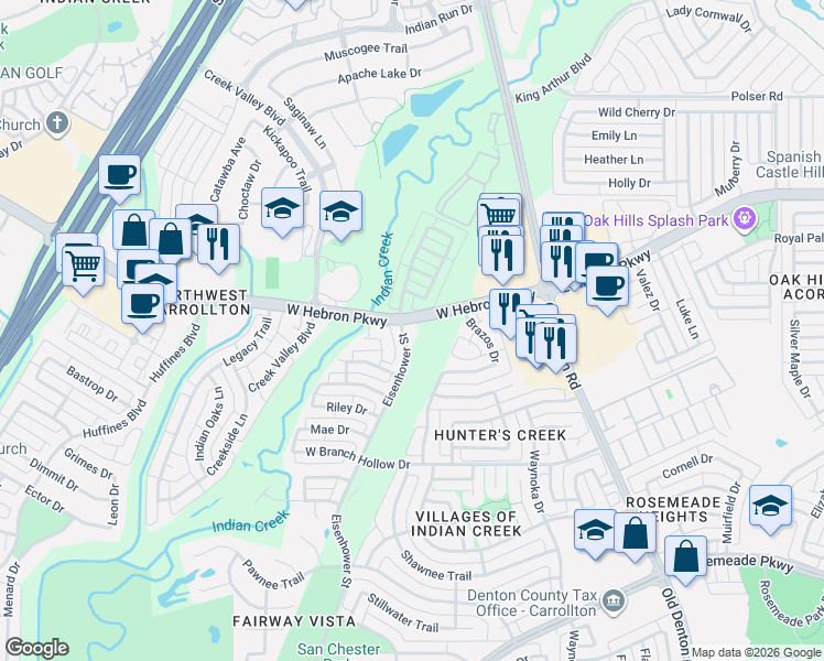 map of restaurants, bars, coffee shops, grocery stores, and more near 1133 West Hebron Parkway in Carrollton