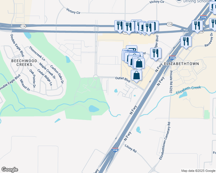 map of restaurants, bars, coffee shops, grocery stores, and more near Golf View Drive in Fort Worth