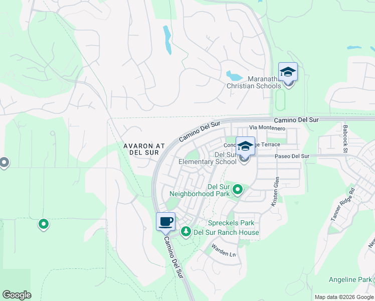 map of restaurants, bars, coffee shops, grocery stores, and more near 15628 New Park Terrace in San Diego