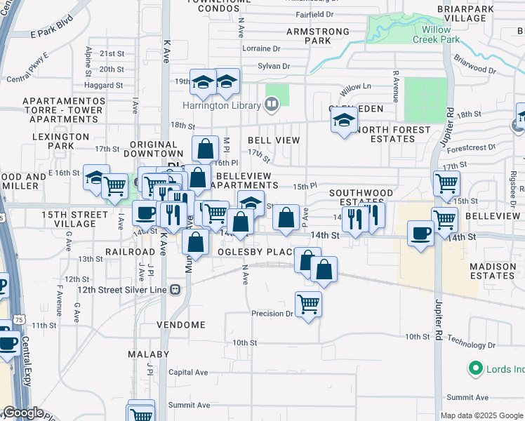 map of restaurants, bars, coffee shops, grocery stores, and more near 1500 East 15th Street in Plano