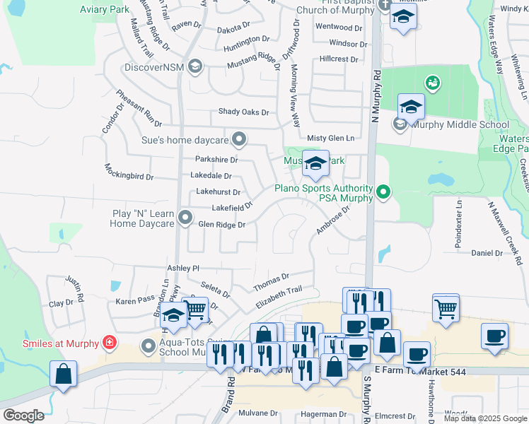 map of restaurants, bars, coffee shops, grocery stores, and more near Glen Ridge Drive in Murphy