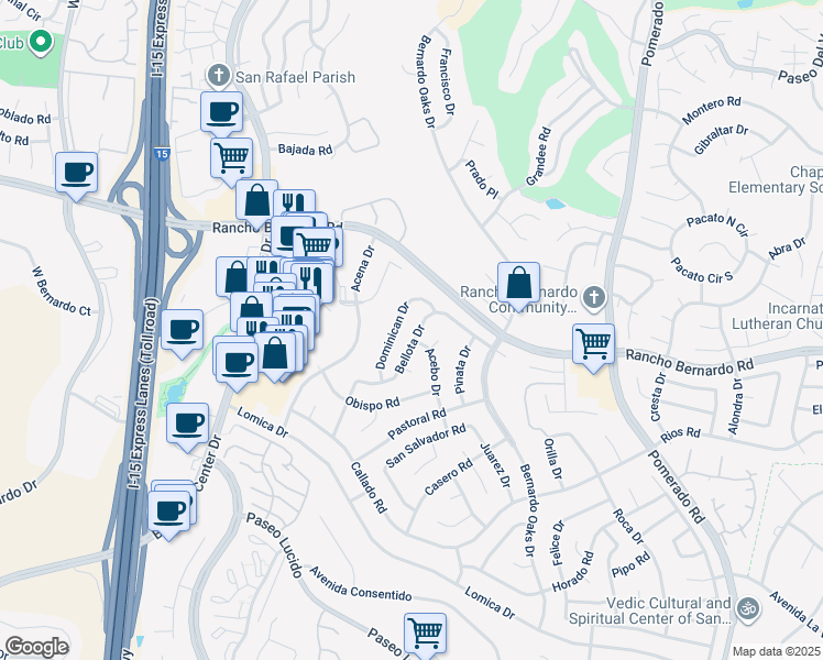 map of restaurants, bars, coffee shops, grocery stores, and more near 16924 Bellota Drive in San Diego