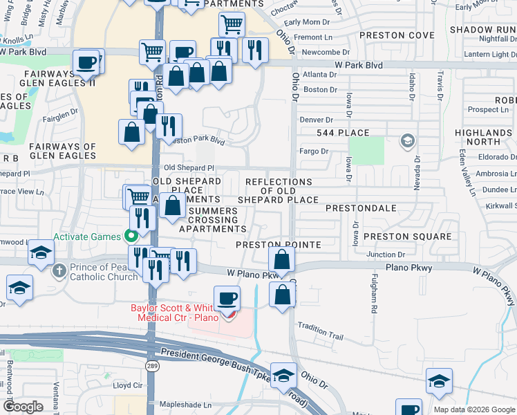 map of restaurants, bars, coffee shops, grocery stores, and more near 4641 Orwell Drive in Plano