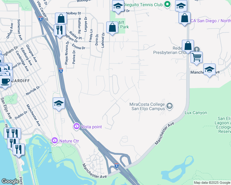 map of restaurants, bars, coffee shops, grocery stores, and more near 2093 Sea Village Circle in Encinitas