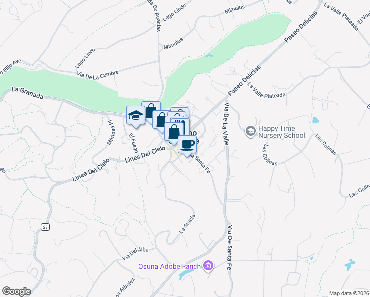 map of restaurants, bars, coffee shops, grocery stores, and more near 16909 Via De Santa Fe in Rancho Santa Fe