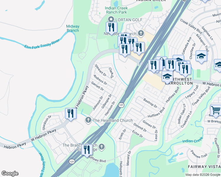 map of restaurants, bars, coffee shops, grocery stores, and more near 1805 Andress Drive in Carrollton