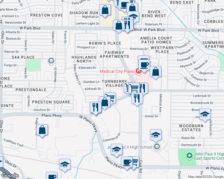 map of restaurants, bars, coffee shops, grocery stores, and more near 1416 Commerce Drive in Plano