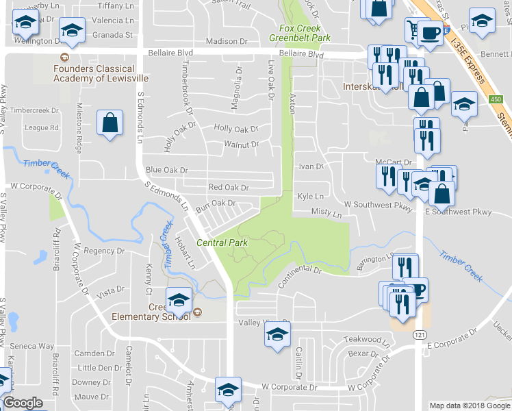 map of restaurants, bars, coffee shops, grocery stores, and more near 703 Burr Oak Drive in Lewisville