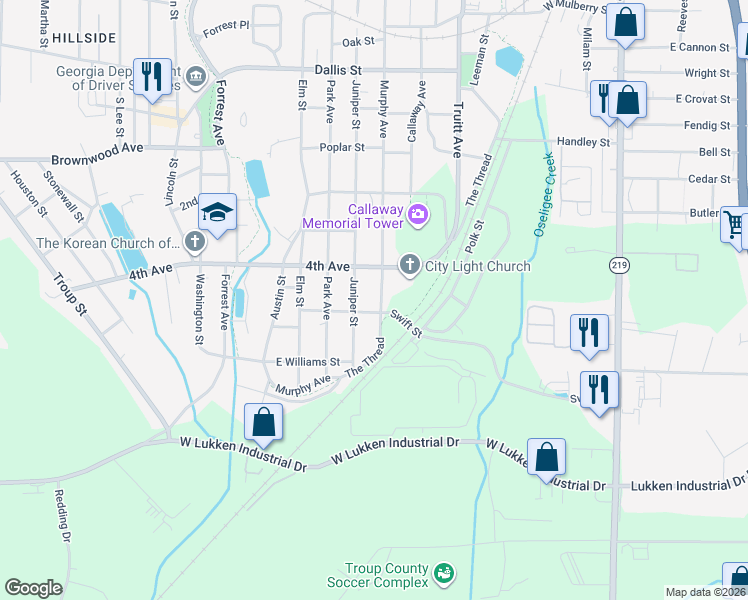 map of restaurants, bars, coffee shops, grocery stores, and more near 1310 Murphy Avenue in LaGrange