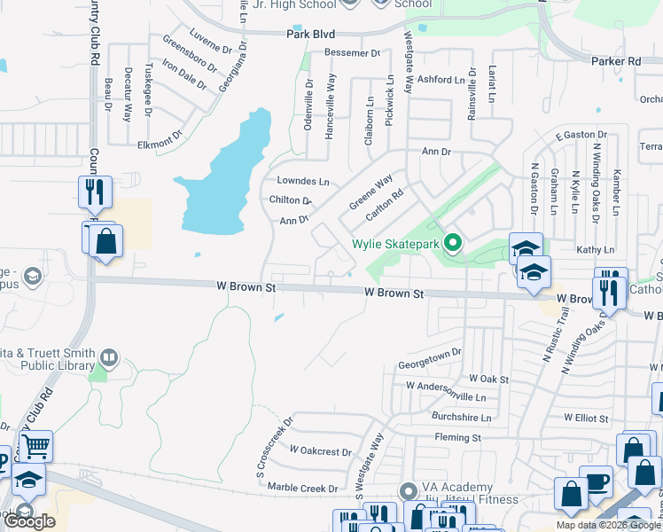 map of restaurants, bars, coffee shops, grocery stores, and more near 1315 West Brown Street in Wylie