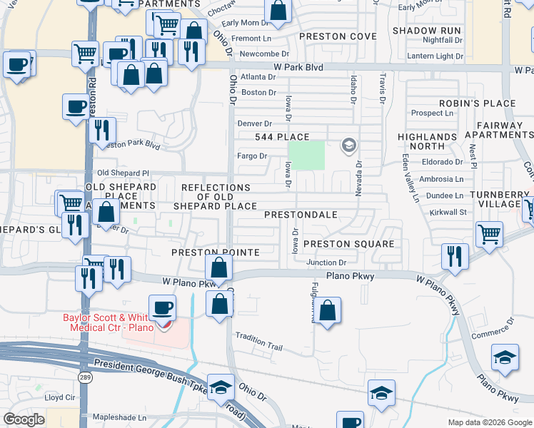 map of restaurants, bars, coffee shops, grocery stores, and more near 4516 Jenning Drive in Plano
