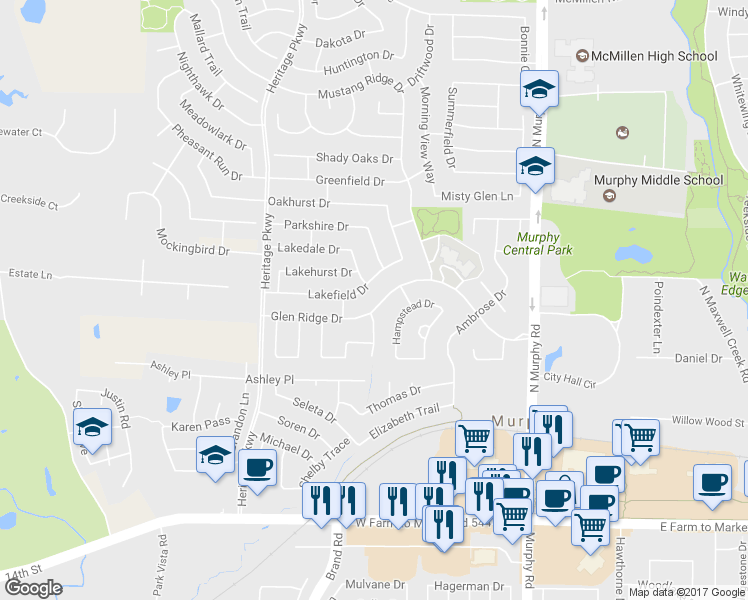 map of restaurants, bars, coffee shops, grocery stores, and more near 317 Glen Ridge Drive in Plano
