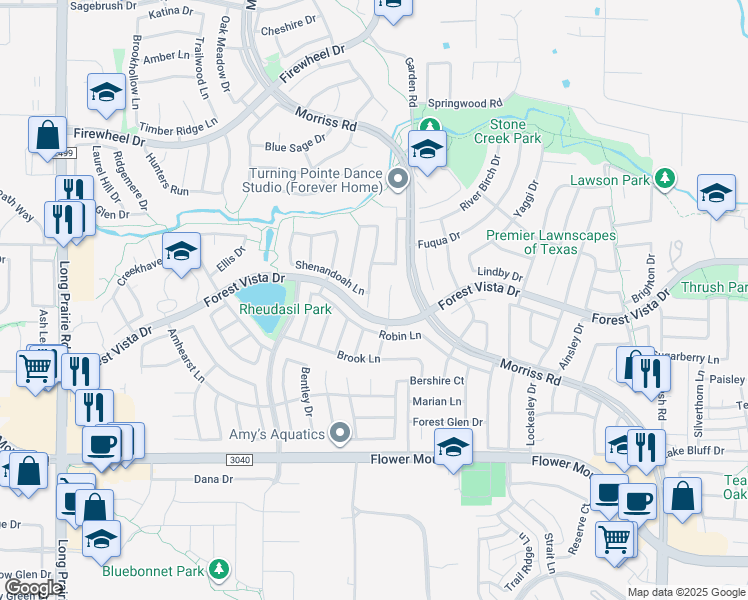 map of restaurants, bars, coffee shops, grocery stores, and more near 2512 Potomac Drive in Flower Mound