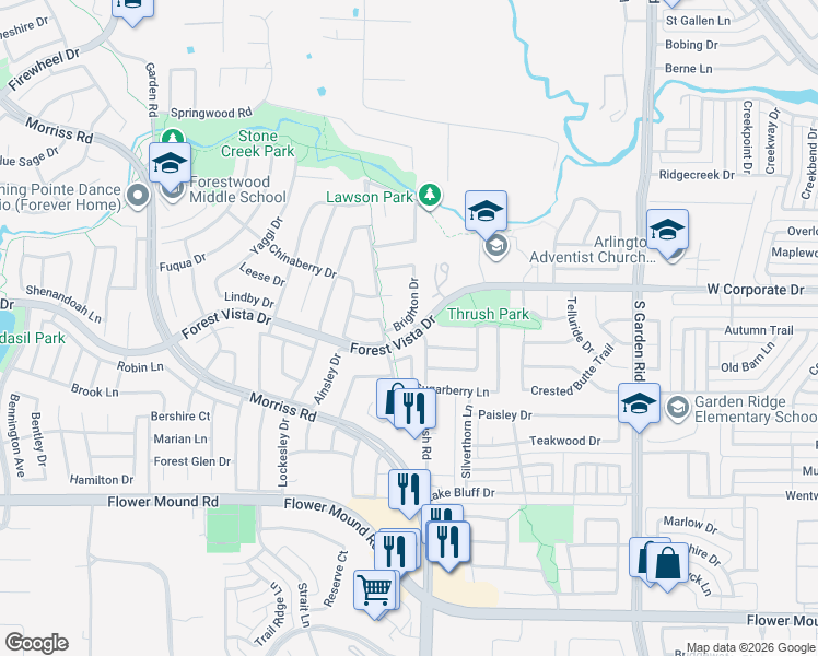 map of restaurants, bars, coffee shops, grocery stores, and more near 2508 Brighton Drive in Flower Mound