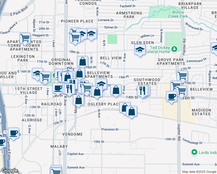 map of restaurants, bars, coffee shops, grocery stores, and more near 1504 East 15th Street in Plano
