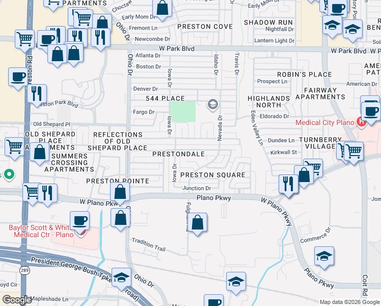 map of restaurants, bars, coffee shops, grocery stores, and more near 4436 Jenning Drive in Plano
