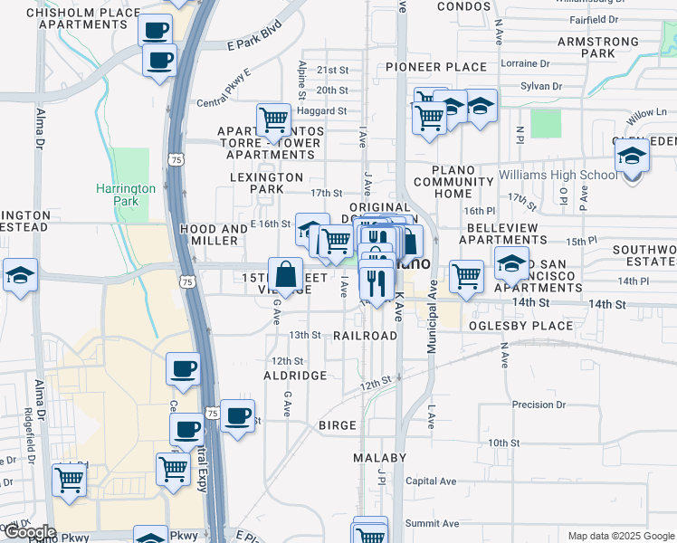 map of restaurants, bars, coffee shops, grocery stores, and more near 916 East 15th Street in Plano