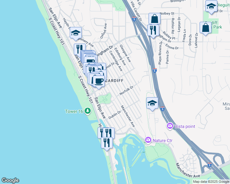 map of restaurants, bars, coffee shops, grocery stores, and more near 2265A Manchester Avenue in Encinitas