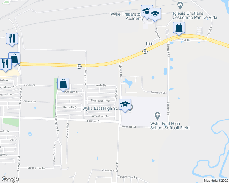 map of restaurants, bars, coffee shops, grocery stores, and more near 2935 Sheridan Lane in Wylie