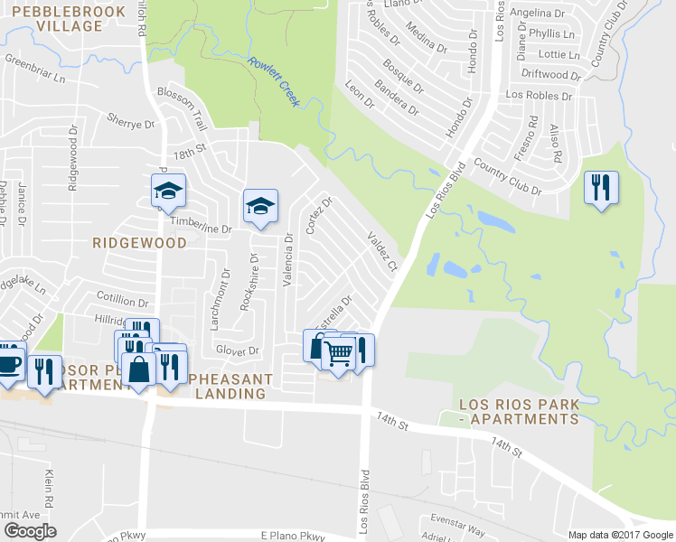 map of restaurants, bars, coffee shops, grocery stores, and more near 3932 Coronado Drive in Plano