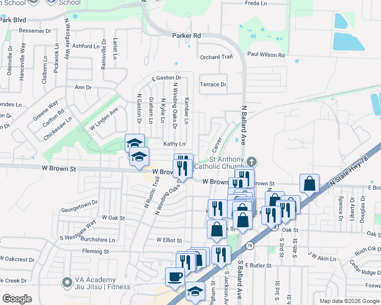 map of restaurants, bars, coffee shops, grocery stores, and more near 400 Vicki Lane in Wylie