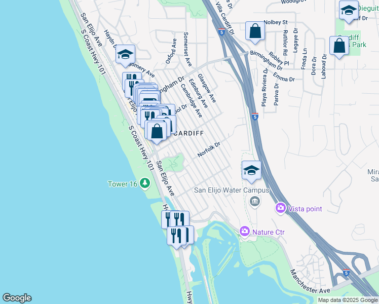 map of restaurants, bars, coffee shops, grocery stores, and more near 2265A Manchester Avenue in Encinitas