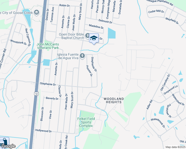 map of restaurants, bars, coffee shops, grocery stores, and more near 118 Pointer Drive in Goose Creek