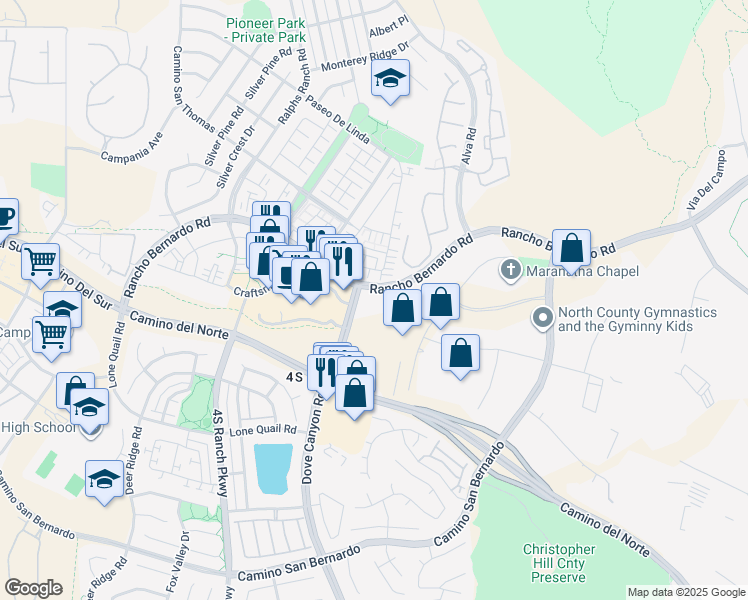 map of restaurants, bars, coffee shops, grocery stores, and more near 10603 Rancho Bernardo Road in San Diego