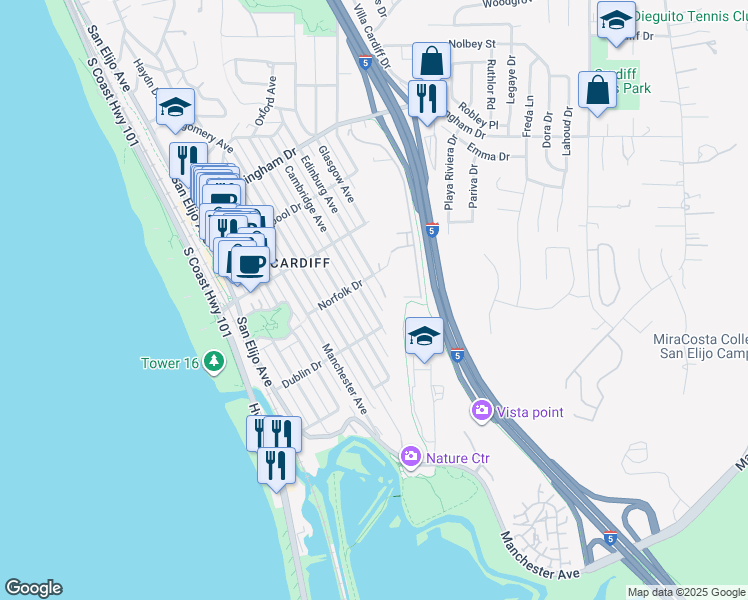 map of restaurants, bars, coffee shops, grocery stores, and more near 2327 Cambridge Avenue in Encinitas