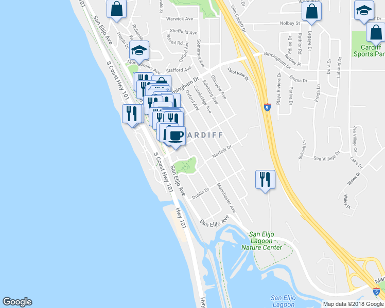 map of restaurants, bars, coffee shops, grocery stores, and more near 2265A Manchester Avenue in Encinitas