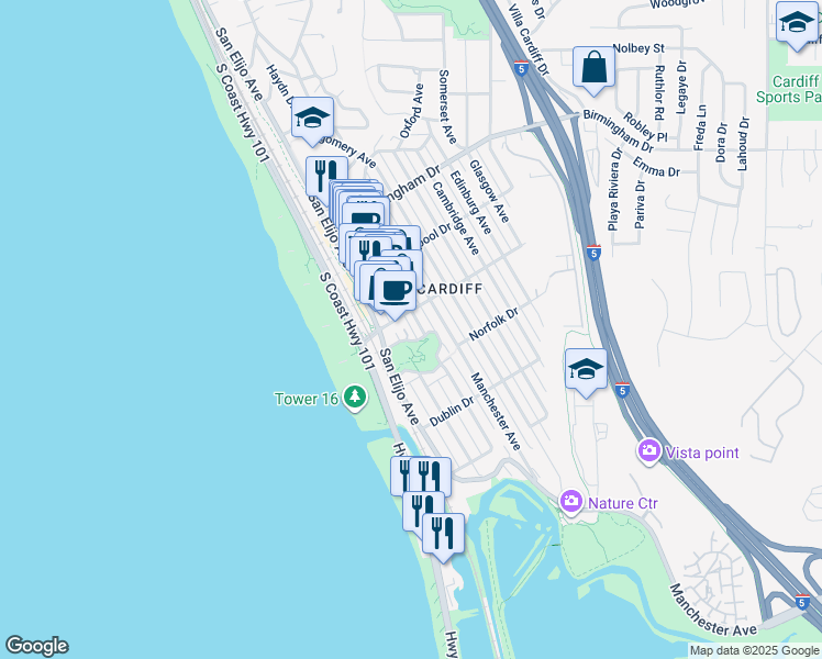 map of restaurants, bars, coffee shops, grocery stores, and more near 2140 Orinda Drive in Encinitas