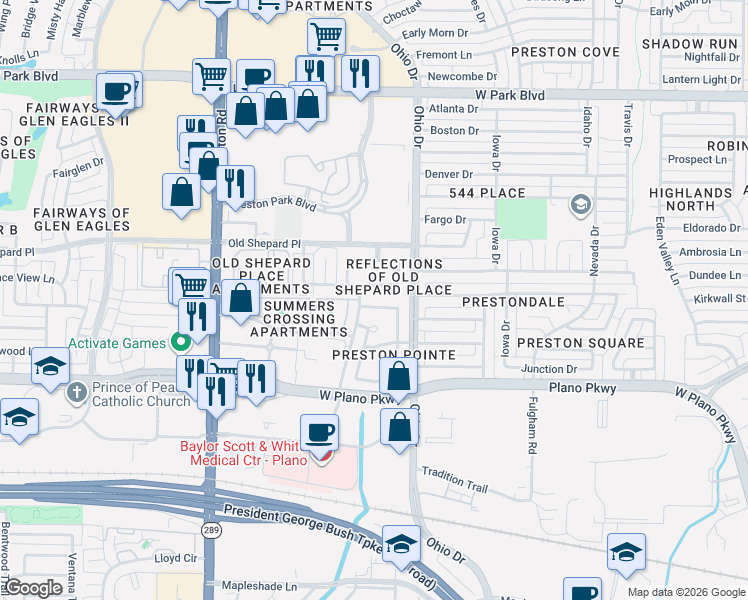 map of restaurants, bars, coffee shops, grocery stores, and more near 4641 Orwell Drive in Plano